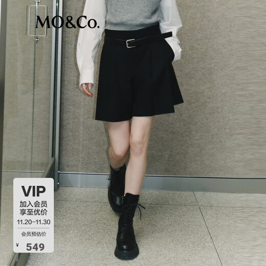 MO&Co. Casual Pants Spring and Autumn Sheep Wool Worsted Mid-Low Rise Loose A-line Pleated Black Shorts (With Belt) Black L