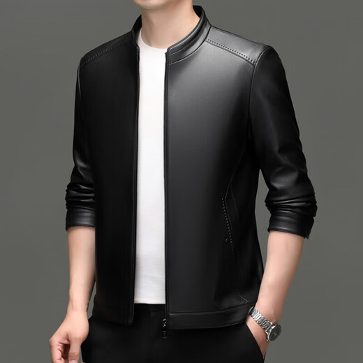 Lilang Lilang Men's Sheepskin Leather Clothing Autumn and Winter New Stand Collar Business Casual Young and Middle-aged Men's Leather Jackets Men's Khaki Plus (Winter Extra) M 170 (100-120Jin Jin is equal to 0.5 kg)