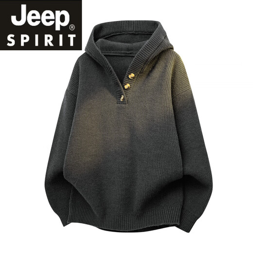 JEEP SPIRIT Jeep winter thickened and warm American Henry collar hooded sweater men's lazy autumn and winter loose sweater casual foggy black gray M