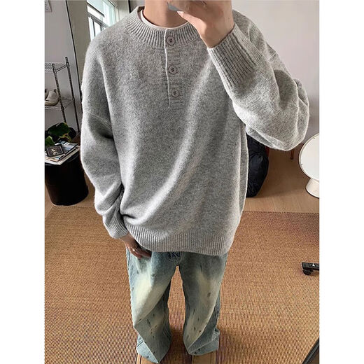 Xiaohongshu's same style gray American Henry collar sweater men's winter lazy style bottoming sweater cleanf light gray Henry collar M M95-115Jin Jin is equal to 0.5 kg