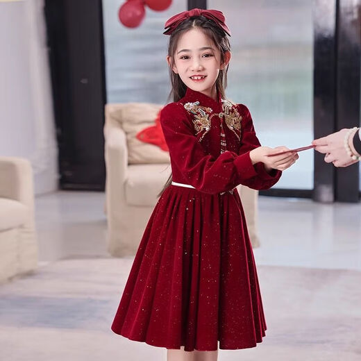 Girls Dress Autumn and Winter New Year Skirt Girls Little Fragrance New Year Princess Dress Composite Silver Fox Velvet Red Velvet 160