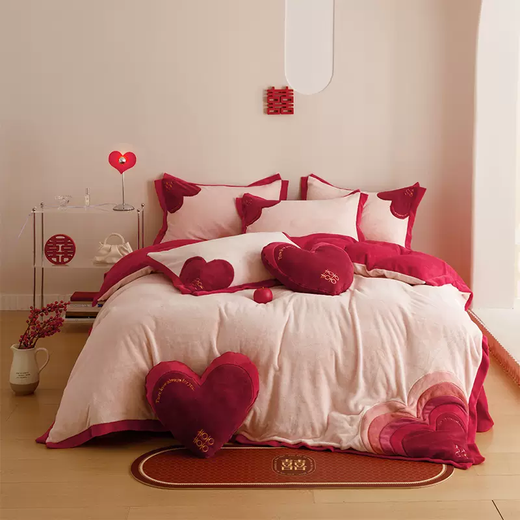 Yusenyi high-end love wedding milk velvet four-piece set wedding pure cotton baby coral velvet quilt cover thickened sheets Heart to Heart YS autumn and winter milk velvet 1.5m bed suitable for 200x230cm quilt core + four-piece set