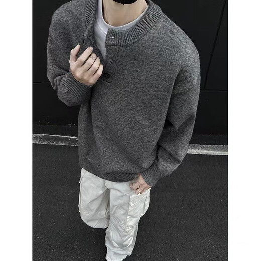 Jingsa American retro Henry collar sweater men's winter lazy style knitted bottoming shirt cleanfit warm inner top light gray XL