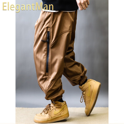 ElegantMan hip-hop high-quality multi-pocket plus velvet thickened overalls for men in autumn and winter warm and loose functional leggings harem pants black plus velvet M