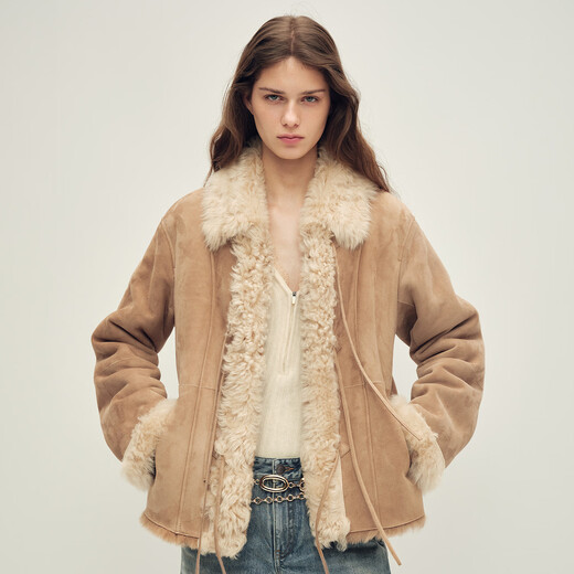 Fu Zhien black tea maple sugar Italian imported Tuscan lapel fur one-piece short fur coat for women tea apricot M