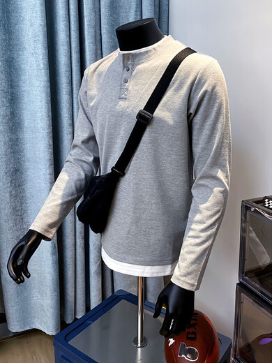 Waffle muscle henley long-sleeved t-shirt men's American cleanfit sweatshirt fake two-piece inner layering shirt black quality upgrade recommendation index S collection priority b