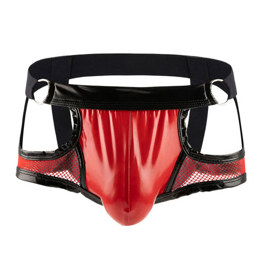 Gay men's sexy patent leather double thong open crotch feeling gay men's open leg free of lifting buttocks red more sexy M