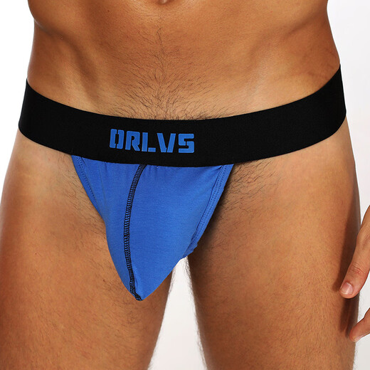 Solid Color Breathable Men's Thong Double Butt Fashionable Low Waist Independent Pouch Cotton No Butt Briefs Blue M