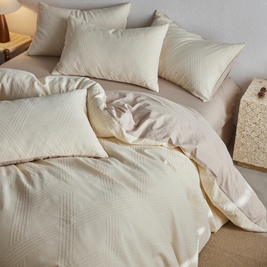 LUOLAI Luolai Light Luxury 100S cotton-dyed four-piece set, Class A baby-grade pure cotton satin bed sheet and quilt cover, spring and summer simple, sunny blue gray, fitted sheet, 1.8m larger (quilt cover 220*240cm)