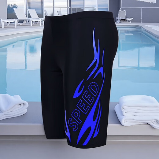 Chuangjingyi wählt Dreipunkt-Badehose für Männer, lang über dem Knie, Fünf-Punkt-Neoprenanzug für Erwachsene, lockere Anti-Peinlichkeit, große Größe, verlängertes Schwimmen, blaues Feuer, 7-Punkt-verlängerter Stil (über dem Knie), 2XL empfohlen 115–130 Jin Jin entspricht 0,5 kg