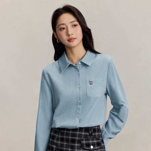 INMAN pure cotton simple commuter long-sleeved shirt for women 2025 autumn retro embroidered loose lapel corduroy shirt light aqua XL