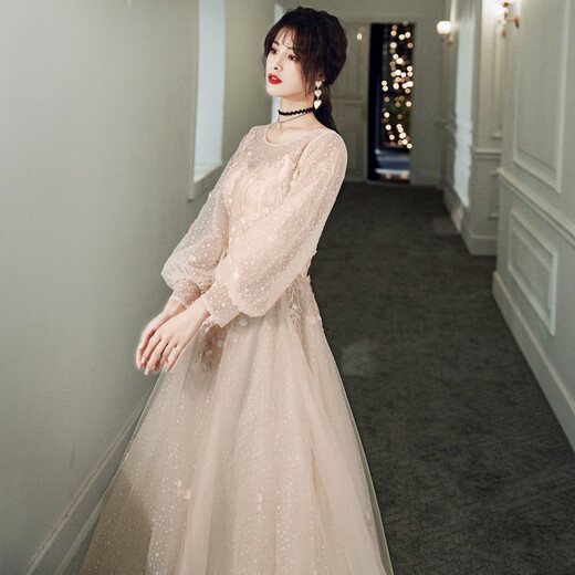 Chuangjing Yixuan winter adult ceremony dress champagne color evening dress female birthday party temperament light luxury niche high-end vocal music test champagne color_SN00503 M