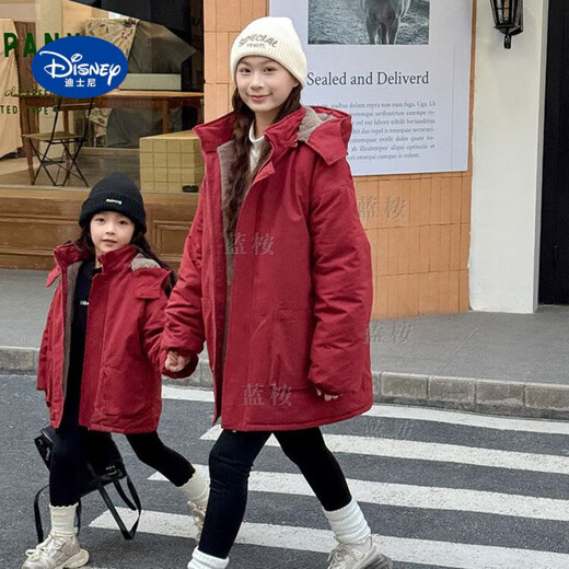 Disney (Disney) fleece winter 2025 parent-child jacket new thickened warm mid-length unisex cotton jacket for children green (hat removable) 180 recommended height 170-180cm