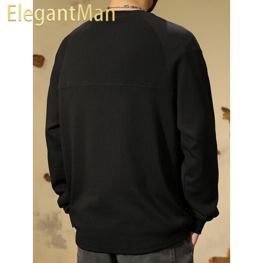 ElegantMan Autumn and Winter American Henry Collar Sweatshirt Men's 2025 Autumn New Retro Loose Top Men's Casual Bottoming Shirt Trendy Black M_ -130Jin Jin is equal to 0.5 kg
