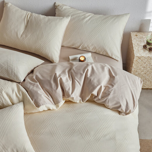 LUOLAI Luolai Light Luxury 100S cotton-dyed four-piece set, Class A baby-grade pure cotton satin bed sheet and quilt cover, spring and summer simple, sunny blue gray, fitted sheet, 1.8m larger (quilt cover 220*240cm)