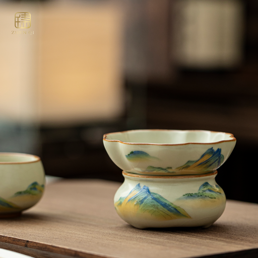 Zhenqi Ru Kiln Qianli Jiangshan Tea Filter Tea Leather Integrated Ceramic Tea Tea Separator Filter Tea Brewing Funnel Tea Water Separator Ru Kiln | Qianli Jiangshan | Tea Filter
