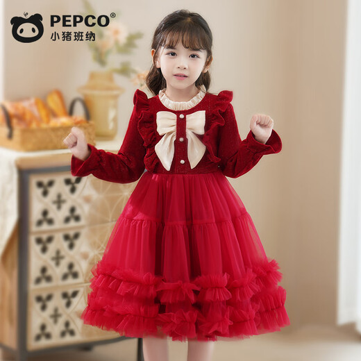 Piggy Banner (PEPCO) girls dress spring and autumn fashionable little girl autumn and winter dress children's dress princess dress autumn red 130