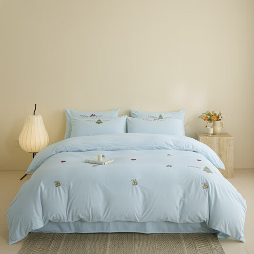Yalu Class A baby milk velvet four-piece set double-sided velvet winter thickened warm coral velvet sheet quilt cover bedding Lucky Tree-Light Blue Thickened Class A maternal and infant grade milk velvet bed sheet style 1.8m four-piece quilt cover 200x230cm