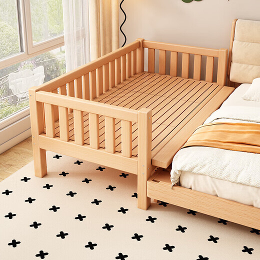 Solid wood children's spliced bed, beech wood crib with guardrails, customizable baby bedside bed, spliced large bed, princess bed, all beech wood - tail ladder, length 2OO, width 70, height 40