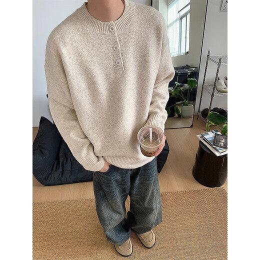 Chihuan American retro dark gray Henry collar sweater men's winter warm jacket trendy brand high-end inner sweater gray heavy XL