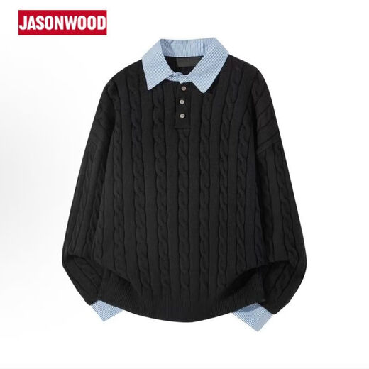 JASONWOOD American retro old money style sweater men's autumn and winter Henry collar POLO shirt fake two-piece sweater Gray M 160-165CM 90-105Jin Jin equals 0.5 kg