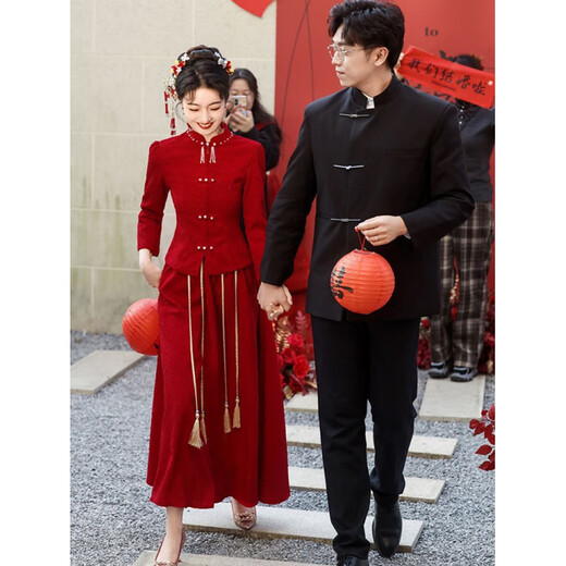 Shifansen (SHIFANSEN) Toast Wear Bride 2025 New Winter Clothes Red Engagement Dress New Chinese Style Wedding Clothes Long Sleeve Autumn and Winter Burgundy Chinese New Style S Recommendation 92-100Jin Jin is equal to 0.5 kg
