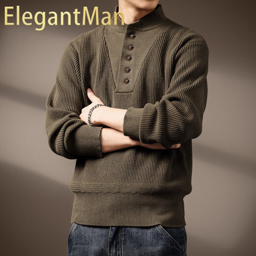 ElegantMan high-end American tough guy retro Henry collar sweater for men spring and autumn new thickened warm heavy base sweater for men Tuhao Green S _Suitable for 90-110Jin Jin is equal to 0.5 kg