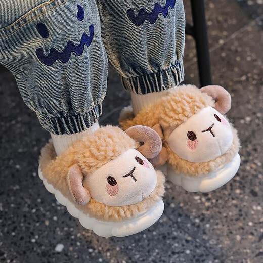 Winter children's cotton slippers for girls 2025 new warm plus plush boys cartoon baby bag heel home shoes dark coffee slippers 12 22/23 size (shoe length 14CM suitable for feet 13