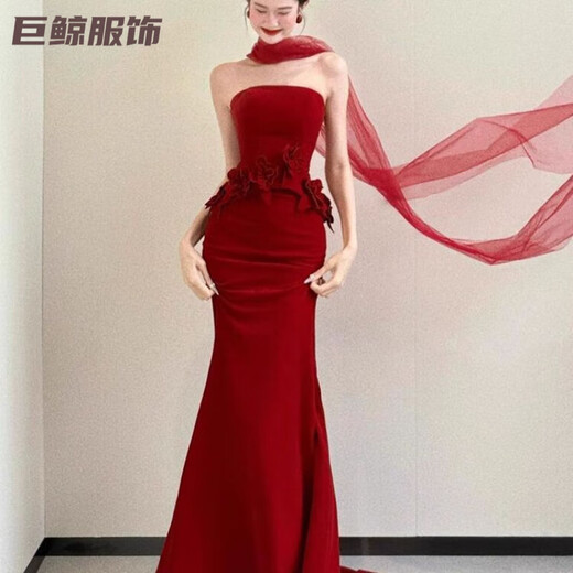 Tromlfz toast dress bride new tube top beautiful light wedding dress bride dressing gown red engagement dress skirt small tail burgundy L