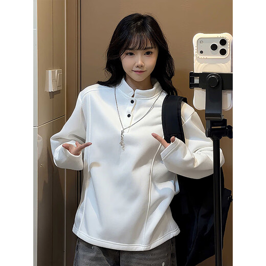 Rouard plus velvet right shoulder Henry collar POLO shirt deconstructed splicing sweatshirt for men winter American cleanfit inner layering shirt white gray plus velvet style XL