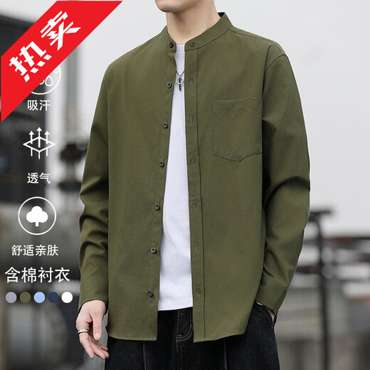 GOLDLION G+2025 retro Oxford henley collar shirt men's long-sleeved spring and autumn new stand-up collar color skin-friendly loose shirt white M