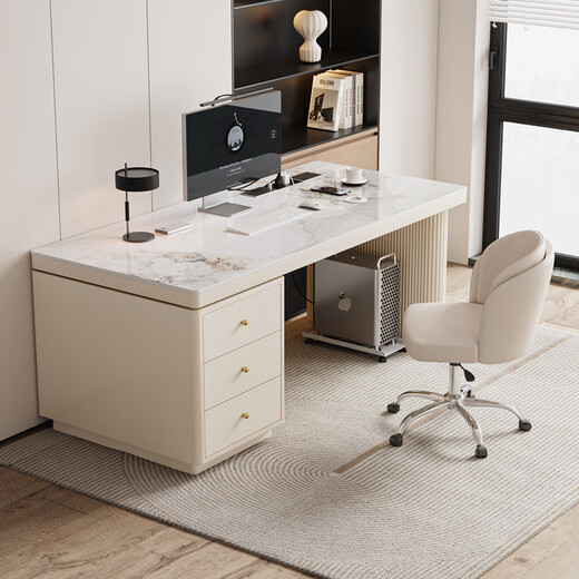 Verdainton Italian light luxury style computer desk bedroom student study table new home slate desk study office writing desk off-white feet + off-white cabinet + Chanel glossy surface 120*60*75 single table with desktop power strip + threading hole + host position