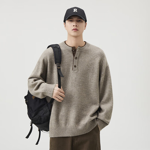 LUMILOTUS light luxury new brand classic retro Henry collar American style sweater for men 2025 new autumn and winter casual and warm brown M suitable for 110-130Jin Jin is equal to 0.5 kg