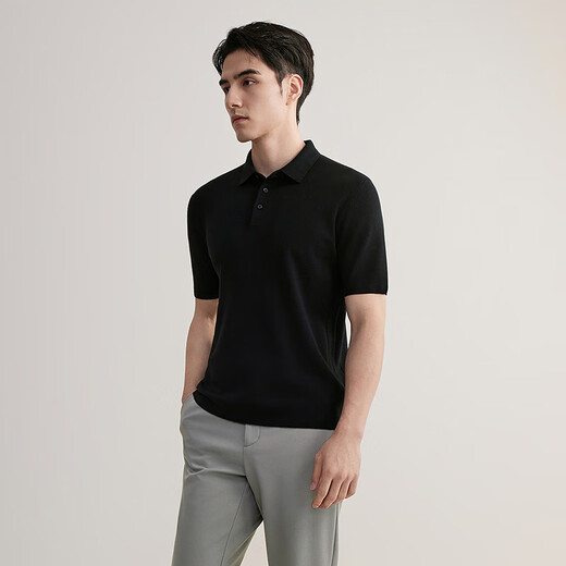 YOUNGOR short-sleeved wool sweater for men, wool blended, machine washable, anti-shrunk, easy to care for, comfortable sweater, 2025 shopping mall same style, black YYQW615276ACA 2XL 115cm (recommended 180-190Jin Jin equals 0.5kg)