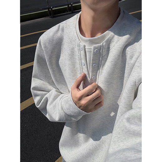 Fake two-piece Henry collar velvet sweatshirt men's autumn and winter cleanfit heavyweight inner layering shirt V-neck long-sleeved t-shirt white flower gray (plus velvet) plus velvet 2XL