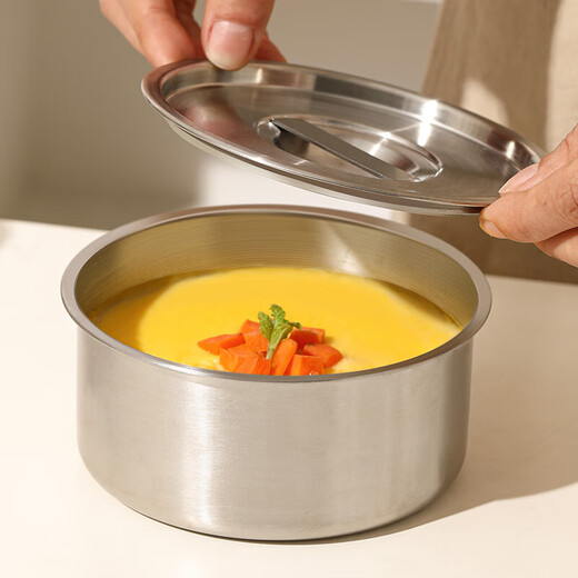 Tuojin Jingdezhen quality 304 stainless steel steamed egg bowl, baby steamed egg cust special bowl with lid, household large capacity steamed vegetables, medium + large size 2 pack (with lid)