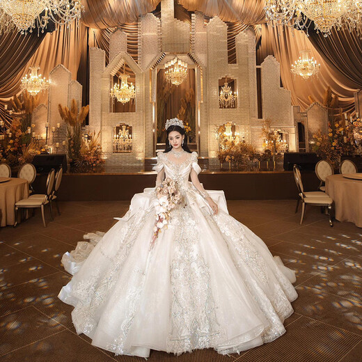 OEMG high-end light luxury wedding dress bride main yarn heavy industry luxury wedding dress 2025 new bride French palace style white floor-length wedding dress 2XL XXL