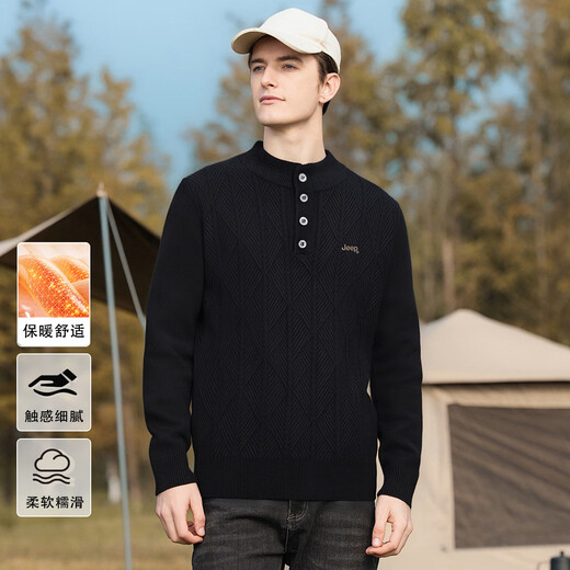 JEEP heavy henley collar sweater autumn new classic old money style diamond pattern long-sleeved sweater for men black M