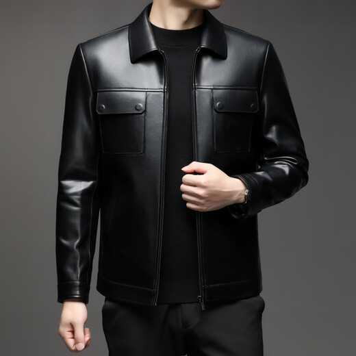 KBXNG Jinba Lapel Pocket Motorcycle Handsome Genuine Leather Jacket Men's Youth Popular Velvet Large Size Haining Military Work Suit Black Genuine Leather Counter Quality M 80-100Jin Jin is equal to 0.5 kg