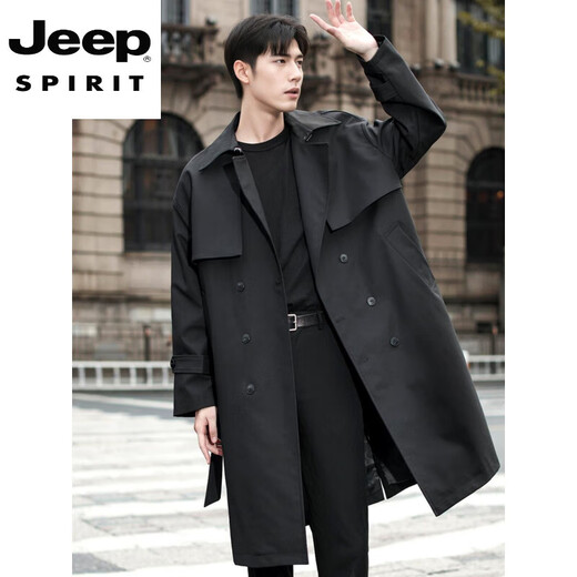JEEP SPIRIT2025 new style windbreaker men's mid-length over the knee spring and autumn men's coat double-breasted Cthulhu civilian coat trendy black XL