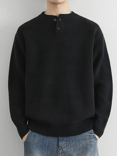 Simple Henry collar sweater for men in autumn and winter solid color old money style loose sweater, retro versatile thickened top, navy blue M100-115Jin Jin equals 0.5kg, one size fits all