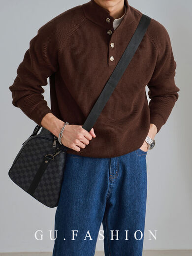 Wool blended GUFASHION autumn and winter wicker raglan henley collar sweater men's half turtleneck sweater black M M