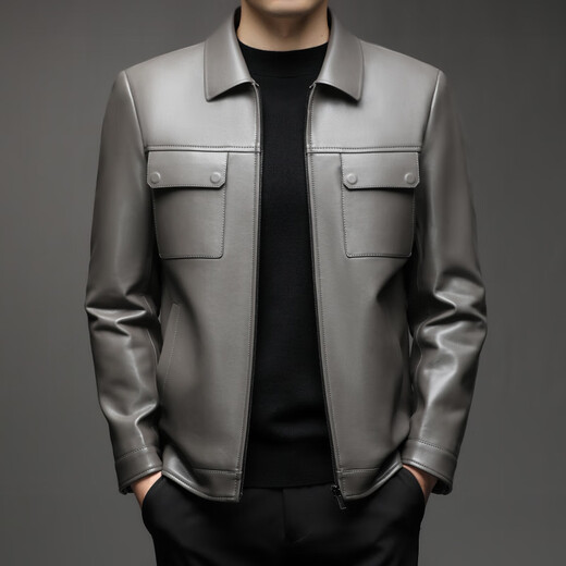 KBXNG Jinba Lapel Pocket Motorcycle Handsome Genuine Leather Jacket Men's Youth Popular Velvet Large Size Haining Military Work Suit Black Genuine Leather Counter Quality M 80-100Jin Jin is equal to 0.5 kg