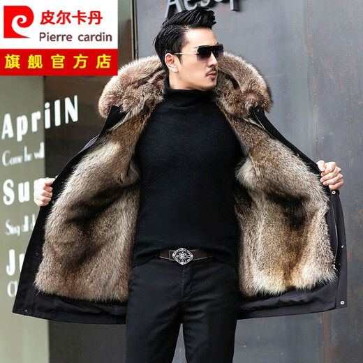 Pierre Cardin parka men's full mink lining spring and autumn new fur one-piece coat imitation mink velvet mid-length fur coat black + ginger lining 3XL