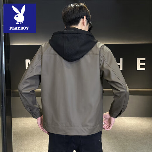 Playboy leather jacket for men 2025 new autumn and winter trendy brand handsome American fake two-piece detachable hooded plus fleece leather jacket light brown 4XL