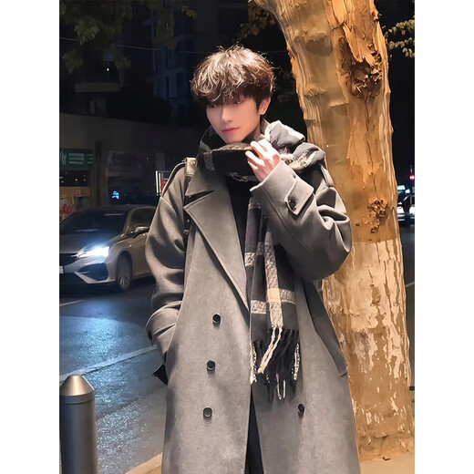 XUANSENTU gray Korean style woolen coat men's mid-length winter style British windbreaker Cthulhu quilted woolen coat trendy 310A-F918 gray upgraded version XL