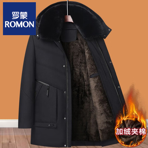 ROMON middle-aged winter medium-length coat for middle-aged and elderly men, velvet thickened cotton clothes, dad's warm cotton clothes, black M 170/88A suitable for 80-100Jin Jin is equal to 0.5 kg
