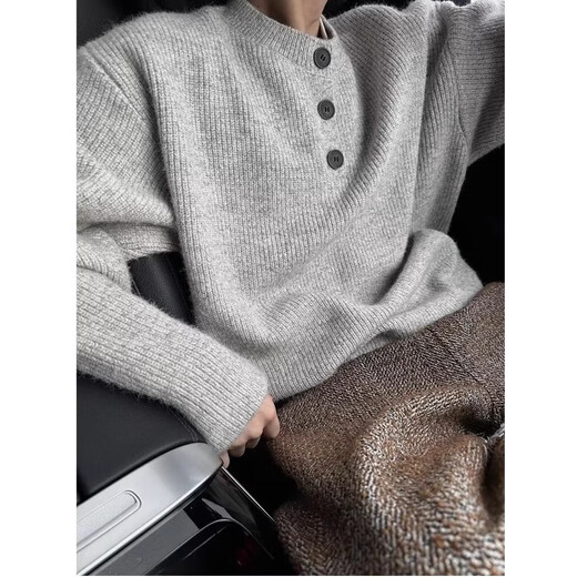 Autumn and winter fashion cleanf single-breasted sweater men's fashion lazy style Henry collar sweater loose jacket gray M