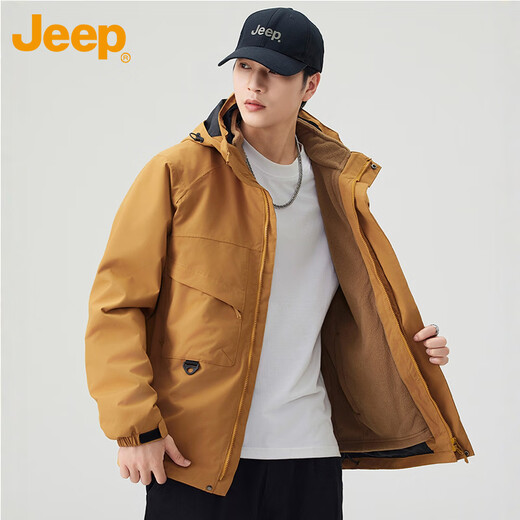 Jeep (JEEP) Jacket Men's Autumn and Winter Three-in-One Jacket Workwear Polar Fleece Warm Men's Jacket Amber Gold XL
