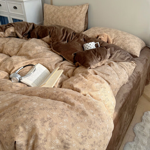 Yalu double-layer gauze washed cotton plus velvet bed four-piece set autumn and winter milk velvet quilt cover sheet bedding three-piece set Zhiqiu A side double layer gauze B side baby velvet 1.8m bed sheet style four-piece set (quilt cover 200*230cm)